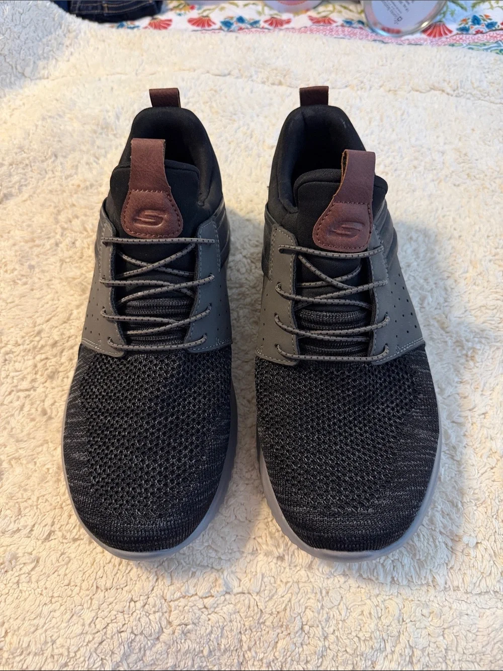 Skechers Men’s Black and Gray Knit Lace-Up Sneakers with Brown Pull Tabs